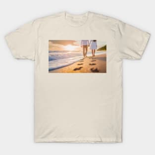 Handheld couple walking on the beach T-Shirt